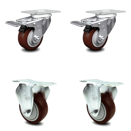 Service Caster 3 Inch Maroon Polyurethane Swivel Top Plate Caster Lock Brakes 2 Rigid SCC, 2PK SCC-TTL20S314-PPUB-MRN-2-R-2